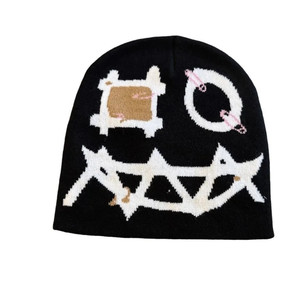 Printed Pattern Printed Pin Beanie Winter Warmth Acrylic Yarn Demon Face Hat Flat Design High Elasticity Hip Hop Knit Cap Teens