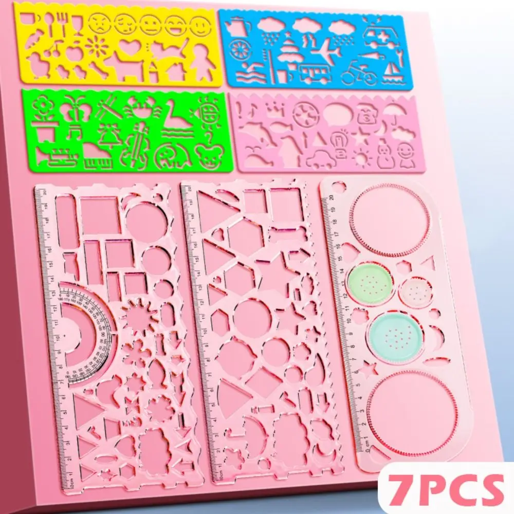 7 pz/set Durevole Plastica Multi-fiore Righello Multi-funzionale Design Geometrico Righello di Misura Trasparente Disegno Righello Ritorno A Scuola