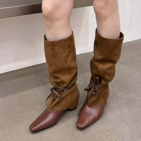 faux-suede-spliced-leather-knee‑high-boots-square-pointed-toe-wedge-heel-ruched-slouch-shaft-lace‑up-winter-vintage-long-boots
