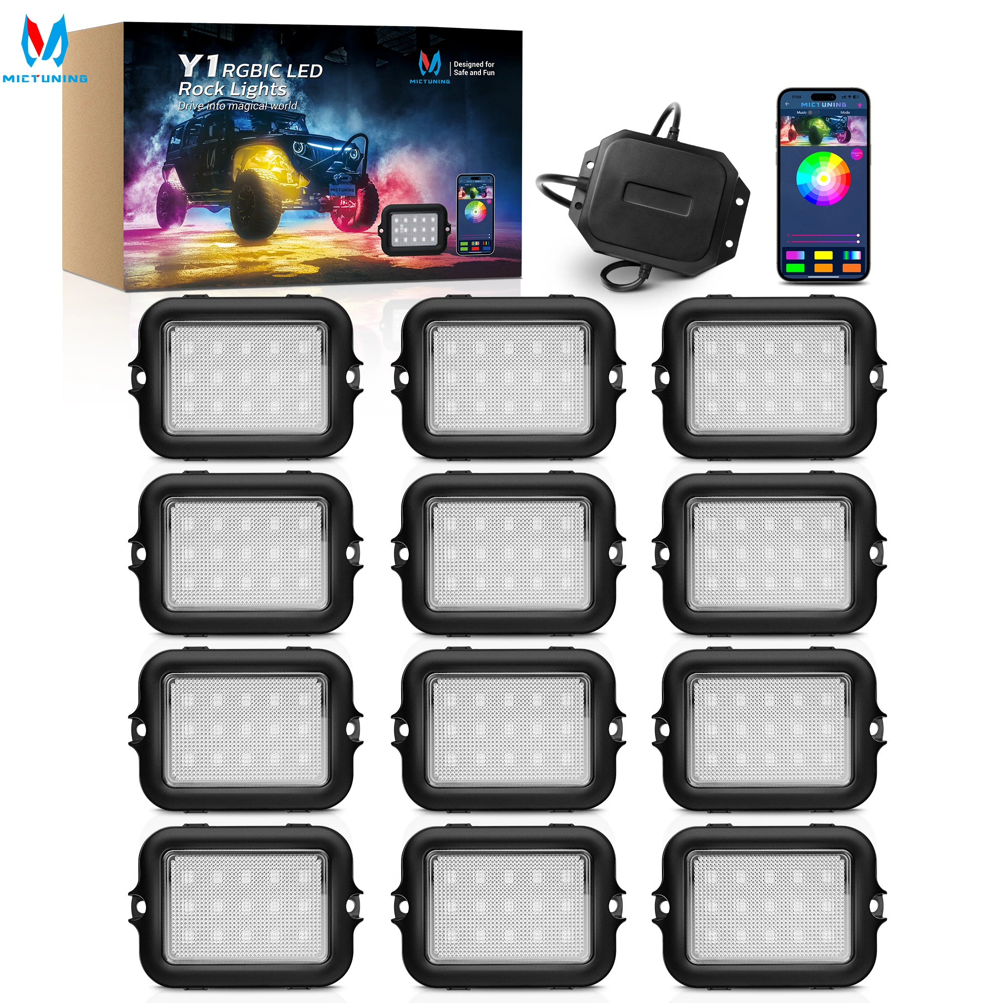 Y1 Extensible RGB+IC 12 Pods  LED Rock Lights Kit Lighting Kit with Wireless APP Control, DIY Effect(Extensible Up to 24 Pods)