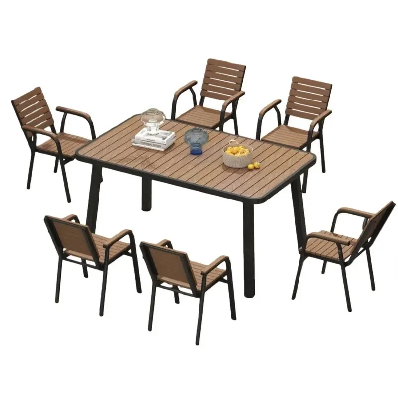 Waterproof Metal Patio Dining Set with Preservative Wood Top Outdoor Balcony Garden Furniture for Courtyard Leisure