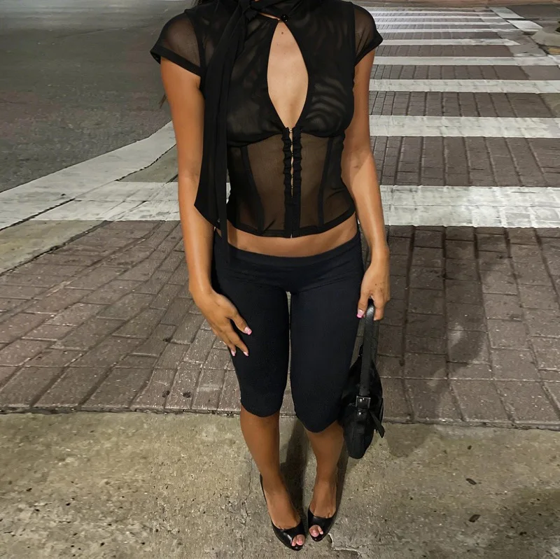 2026 Sommer Damen Y2K Sexy Nachtclub Transparentes Mesh Korsett Crop Top mit Hakenösen-Ausschnitt, hohem Kragen und kurzen Ärmeln – Detail 4