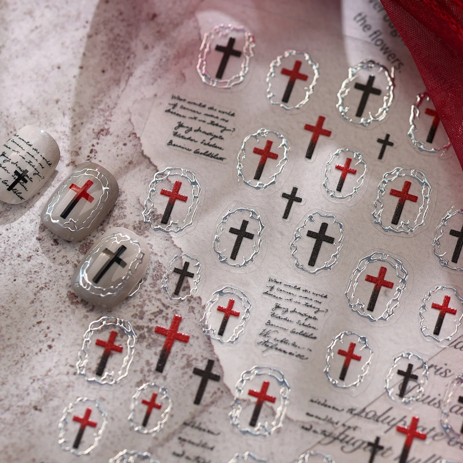 Vintage Dark Cross Nail Stickers 5D Silver Ornate Border Red Gradient Cross Gothic Mini Self Adhesive Manicure  Decals for Goth