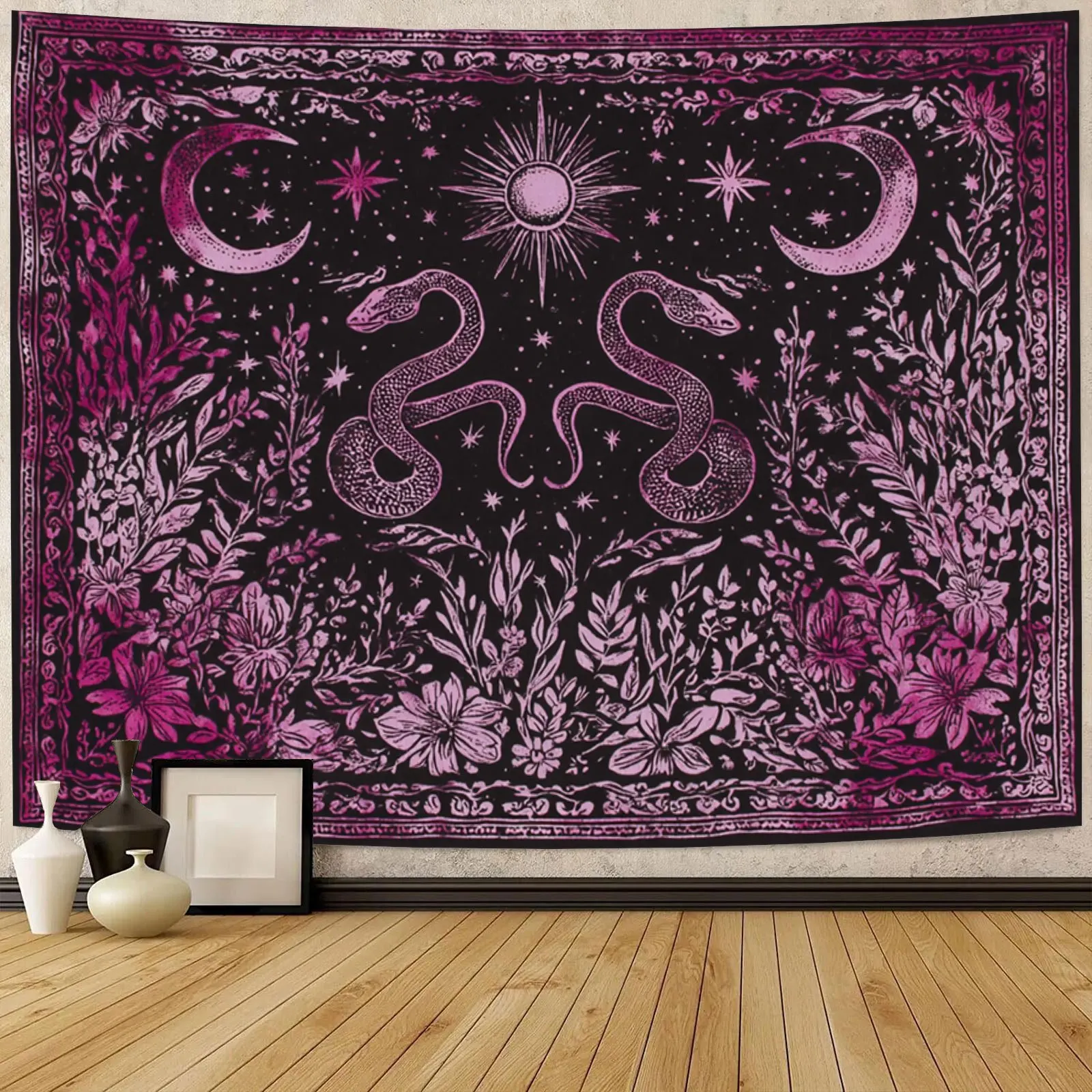 Black Background With Purple Pattern Double Snake Star Moon And Floral Tapestry Wall Hanging Lightweight Polyester Fiber Wall De