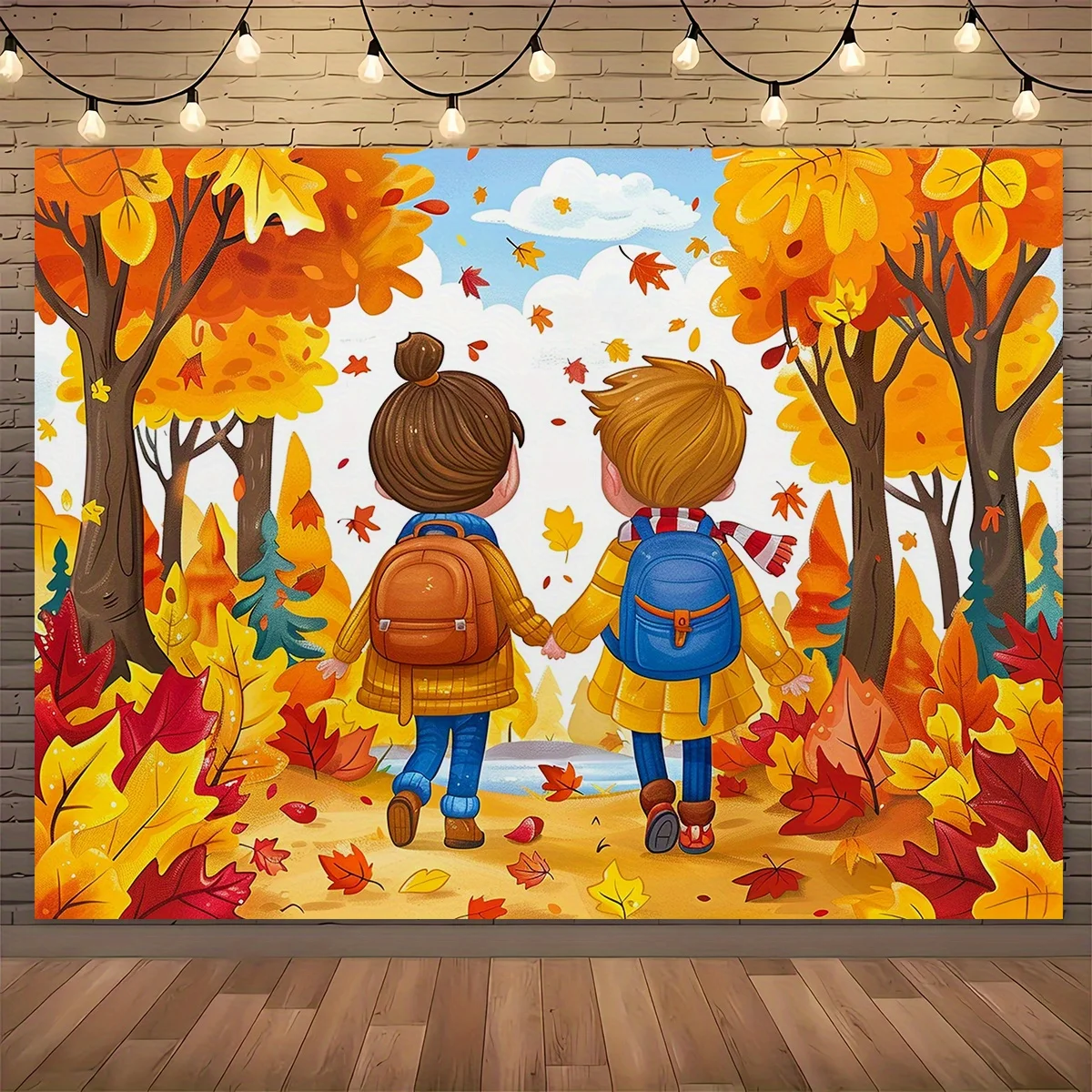 Autumn Fall Forest Tapestry Kids Friends Wall Art Nursery Mural Decor Seasonal Leaves Illustration Boy Girl Hanging Home Accent