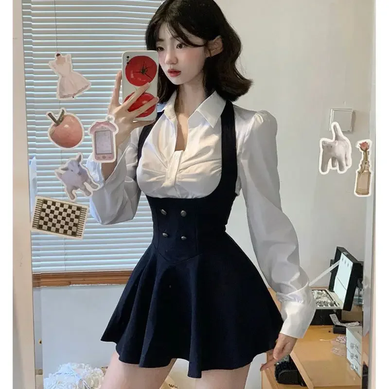 Preppy Style Vintage Fashion Suit Woman White Shirt + Short Coat High Waist Slim Y2k Mini Dress Japanese Elegant Set 2024 Chic