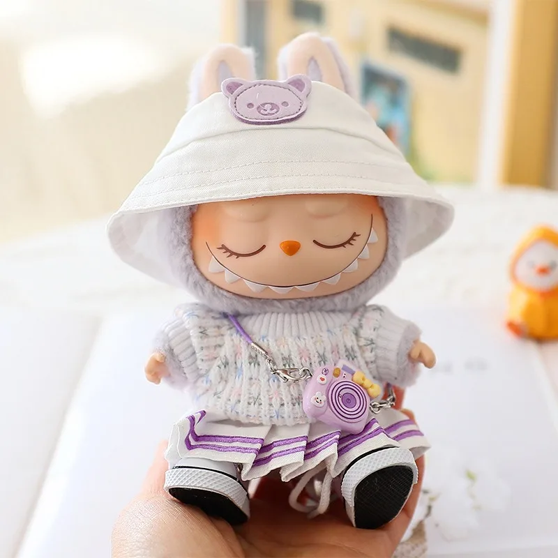 Ropa Para Muñeca Labubú De 17 Cm – Conjunto De Sombrero, Top Morado, Pantalón Blanco Y Bolso A Juego, Accesorio Exclusivo Para Coleccionistas