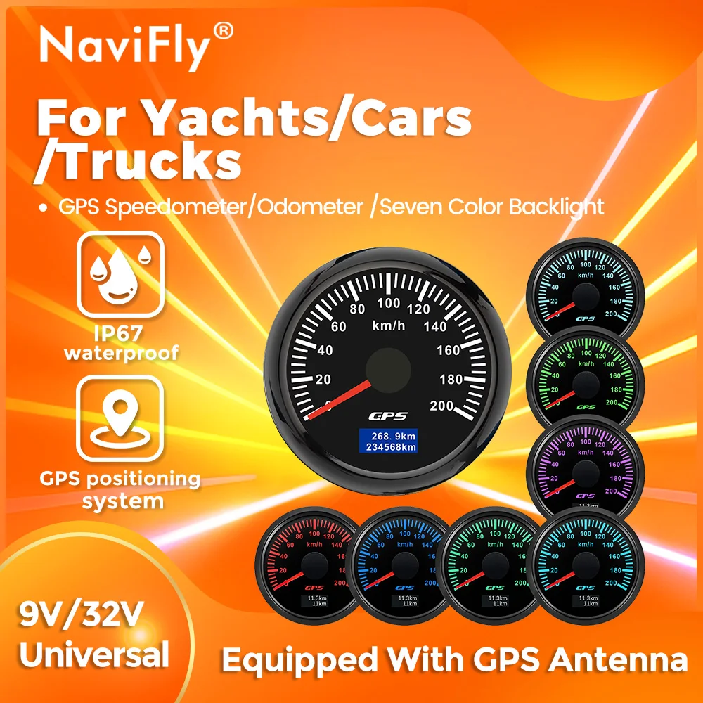 

Navifly 52MM GPS Speedometer 120/200 Km/h For Yachts Cars Trucks Speed Gauge Meter 7 Color Backlight waterproof With GPS Antenna