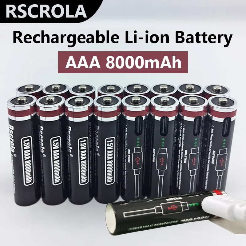 

New 1.5V AAA LR03 R03 Rechargeable Li-ion Battery 8000mAh Type-C Fast Charge for Toys, Flashlights, Shavers, Mice, Smart Home