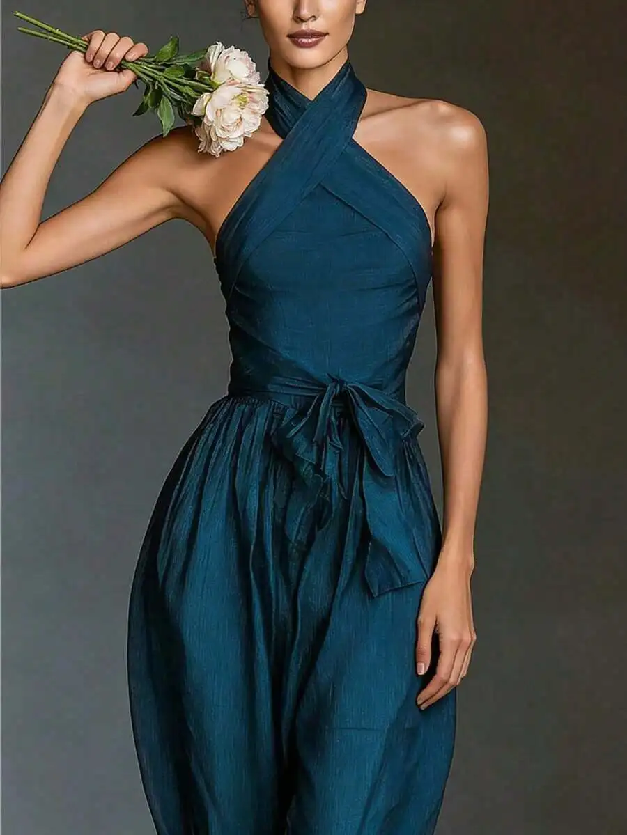 

Elegant Halter Neck Ruched Waist Wide Leg Jumpsuit For Women Blue Casual Summer
