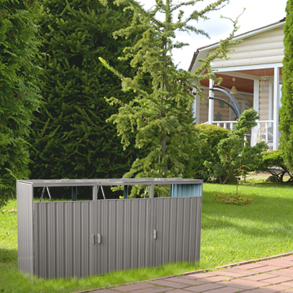 Garbage Bin Shed Stores 3 Trash Cans Metal Outdoor Bin Shed for Garbage Storage,Stainless Galvanized Steel, Bin Shed for Garden