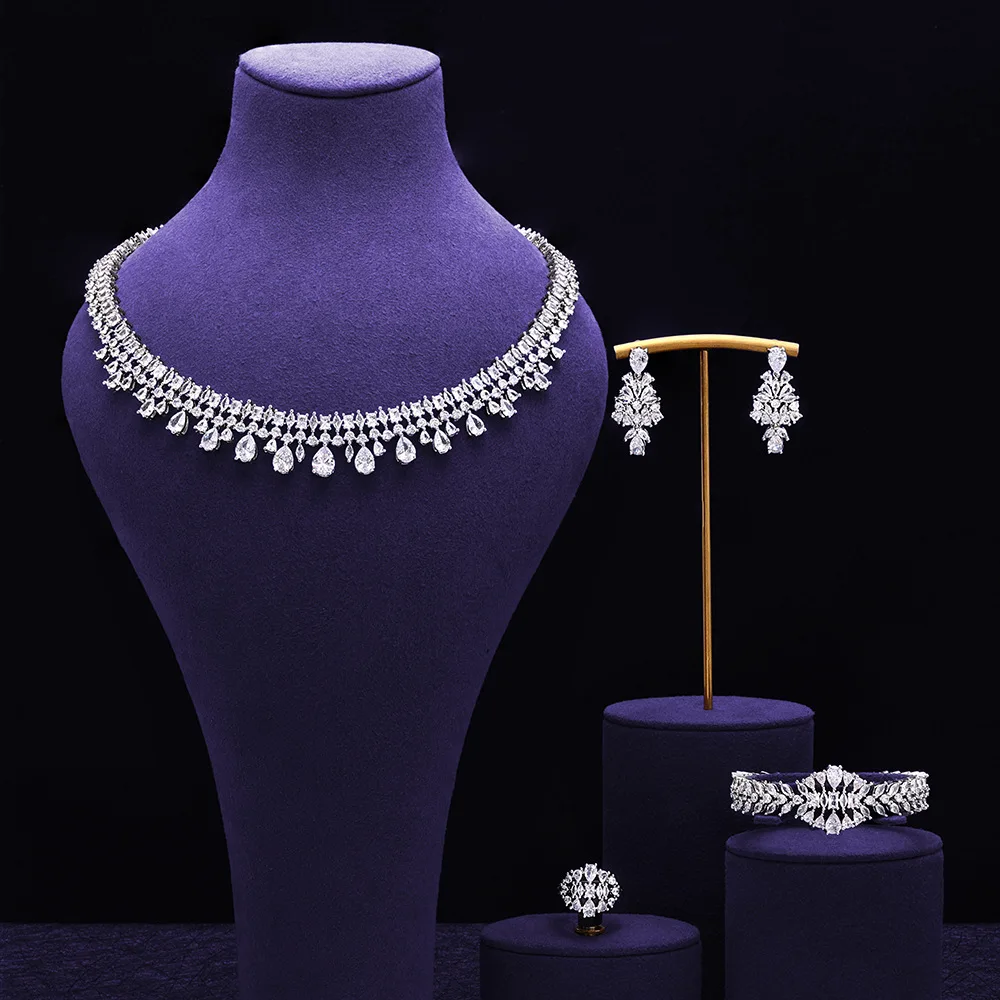 New Women CZ Jewelry Set Necklace Bracelet Earrings Ring Versatile Elegant Accessories For Evening Banquet Party Christmas Gifts