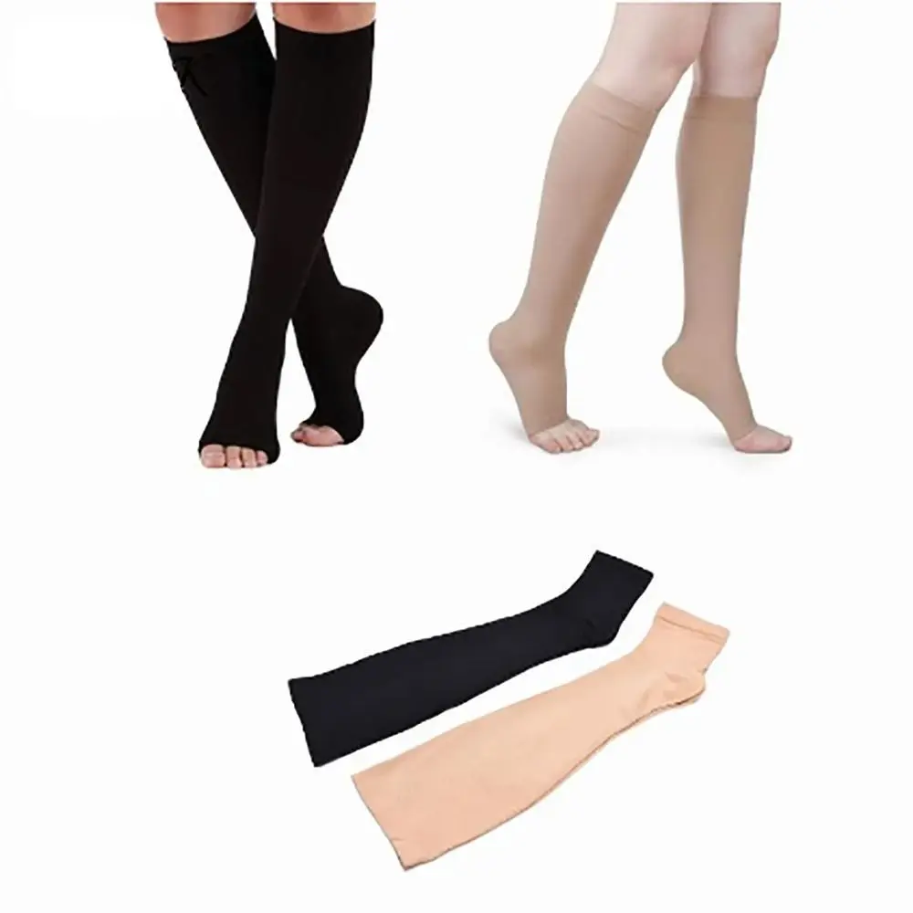 1Pair Unisex Compression Socks Anti-Fatigue Comfortable Open Toe Varicose Vein Opaque Solid Color Knee High Elastic Stocking