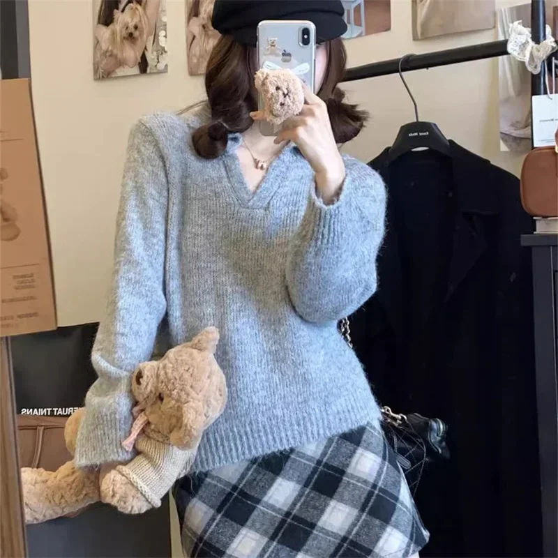 

Вязаные пуловеры женские, пушистые, с v-образным вырезом, однотонные, универсальные, в корейском стиле, стильные, свободные, нежные, Ulzzang, на каждый день, лаконичный свитер 2024