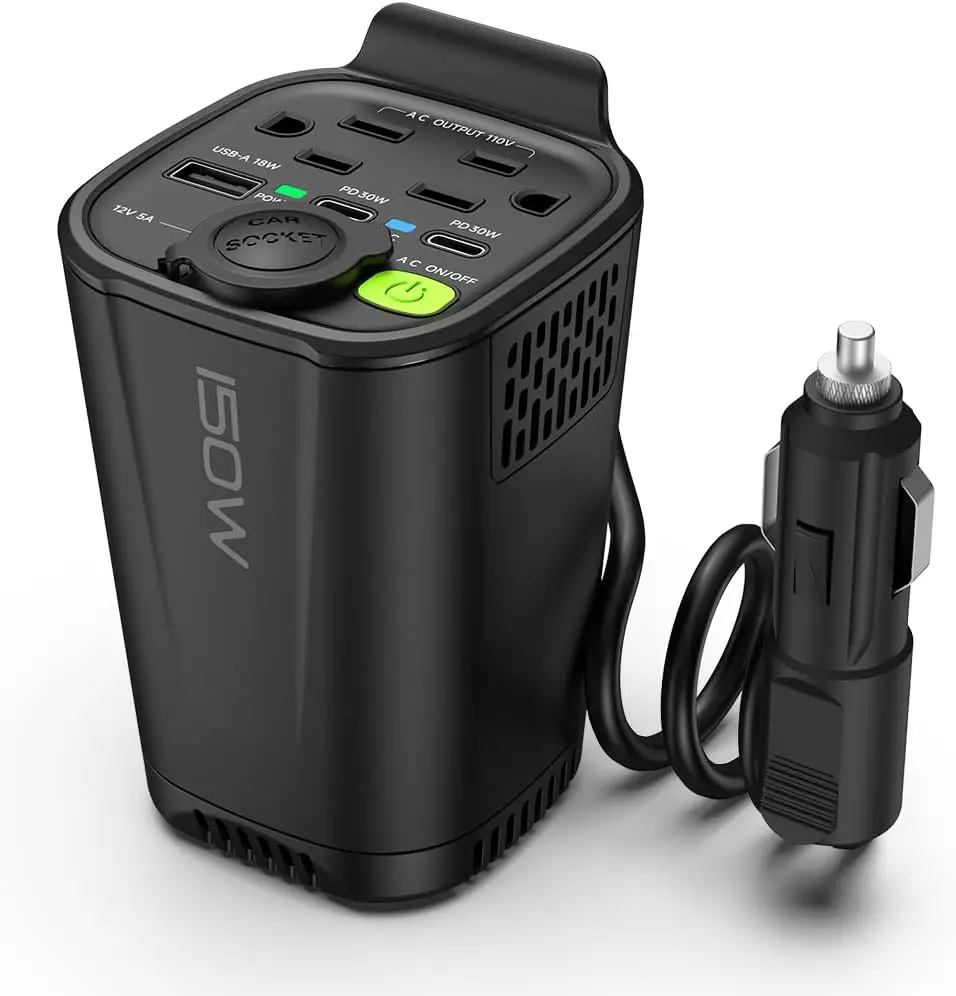 

Автомобильный инвертор 150 Вт (реальная мощность) в подстаканник, 6-в-1 преобразователь DC 12В в 110В с двумя розетками переменного тока, быстрой зарядкой USB-C и прикуривателем