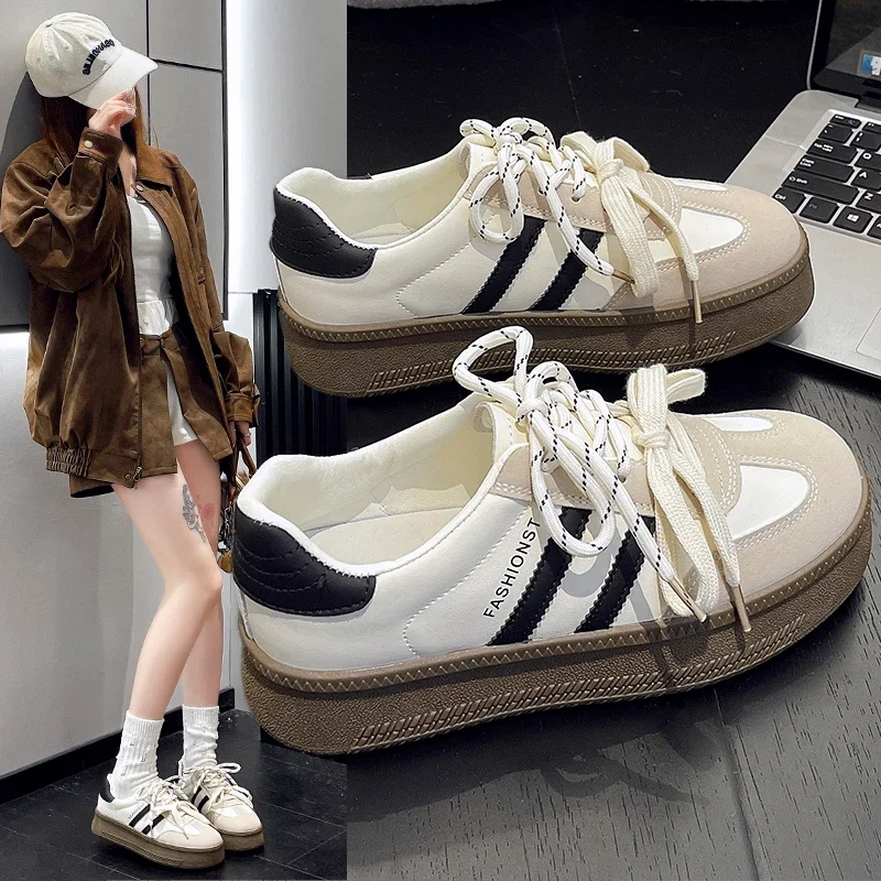 

New Women's Casual Shoes Thick-soled Non-slip Spring and Autumn Fashionable Vulcanized Shoes Outdoor Sports Lace-up Flats 2024