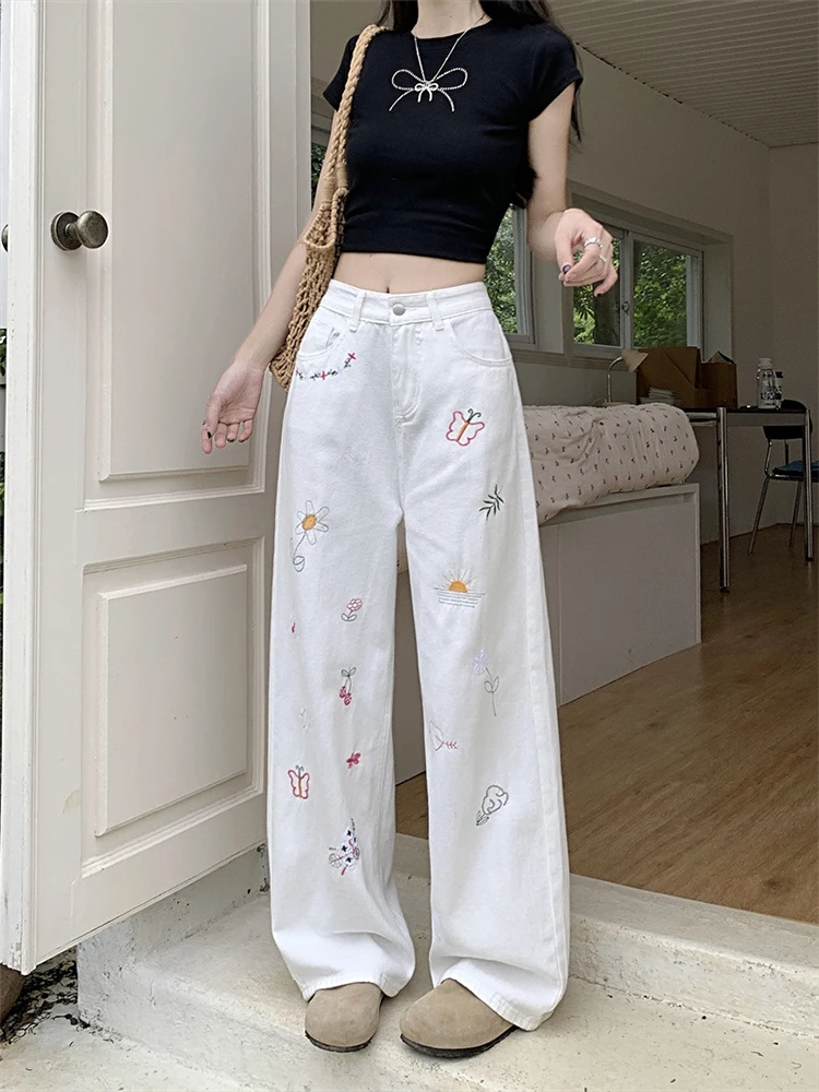 

Джинсы с широкими штанинами и объемной вышивкой, с высокой талией, прямого кроя, повседневные, синие, из денима, для женщин больших размеров