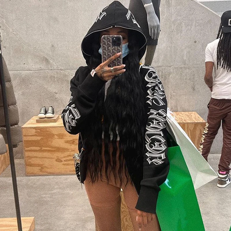 Y2K Women Zip Up Hoodie Hip Hop Letter Printed Streetwear Long Sleeve Sweatshirt Winter Harajuku Grunge Goth Punk Hoodies Female