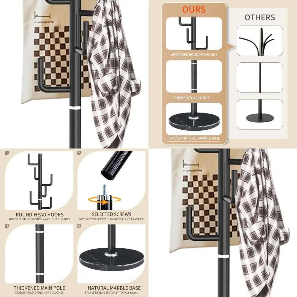 

Прочная черная металлическая вешалка кактус с 8 крючками и основанием из натурального мрамора для прихожей или офиса