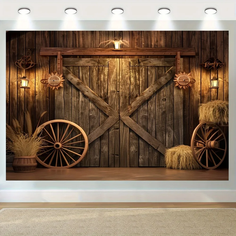 Vintage Western Cowboy Barn Door Wooden House Theme Banner Backdrop Cloth, Adult Birthday Party Decoration Photography Backdrop