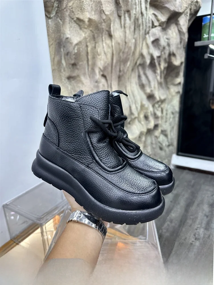 

Fashionable Thickened Fleece Lined Real Leather Snow Boots for Women Warm Casual Mid-Calf Business Shoes round Toe Winter Boots