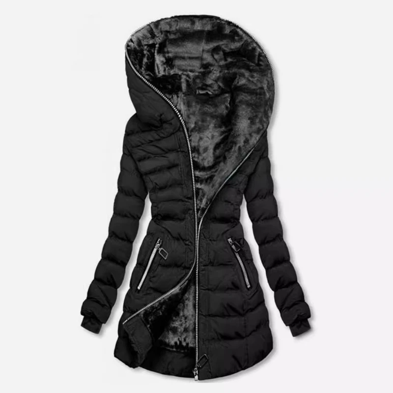 Women's Hooded Long-sleeved Comfortable and Beautiful Warm Velvet Cotton Clothes Winter Medium and Long Zipper Jacket