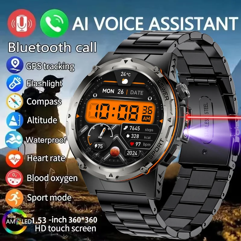 

New Fashion Men For Xiaomi Huawei Military Outdoor Watch IP68 Waterproof Bluetooth Talk Two-Color Flashlight Smart Men's Watch