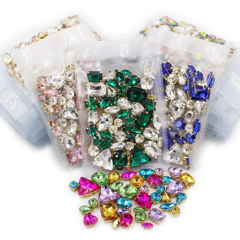 50pcs/Bag Shiny 21Color Matching Mixed Shape Sew on Glass Rhinestone Gold Claw Crystal Diy Wedding Decoration Clothes/Shoe/Dress