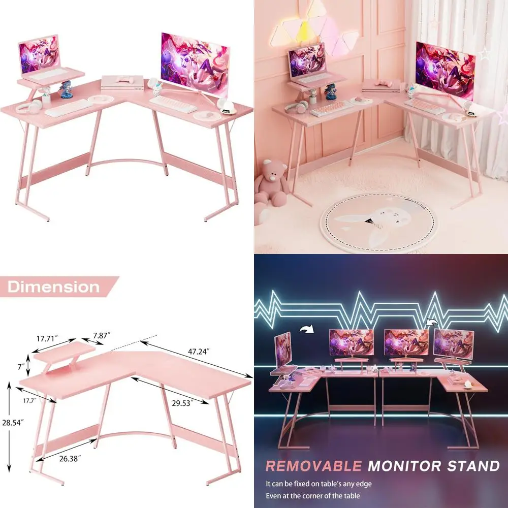 

Pink Corner Gaming Desk with Large Monitor Stand, Home Office & Study Workstation, Ideal Gift for Women (47)