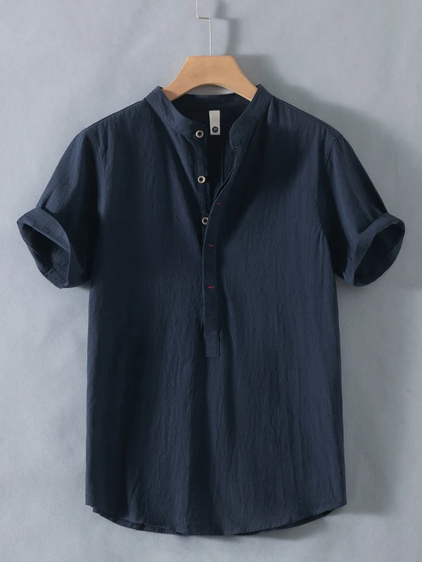 

Men's Linen ort Sve irt Henry Collar Summer Sle Cotton 00% Loose Fit Youth Trend Thin Model Chinese Production