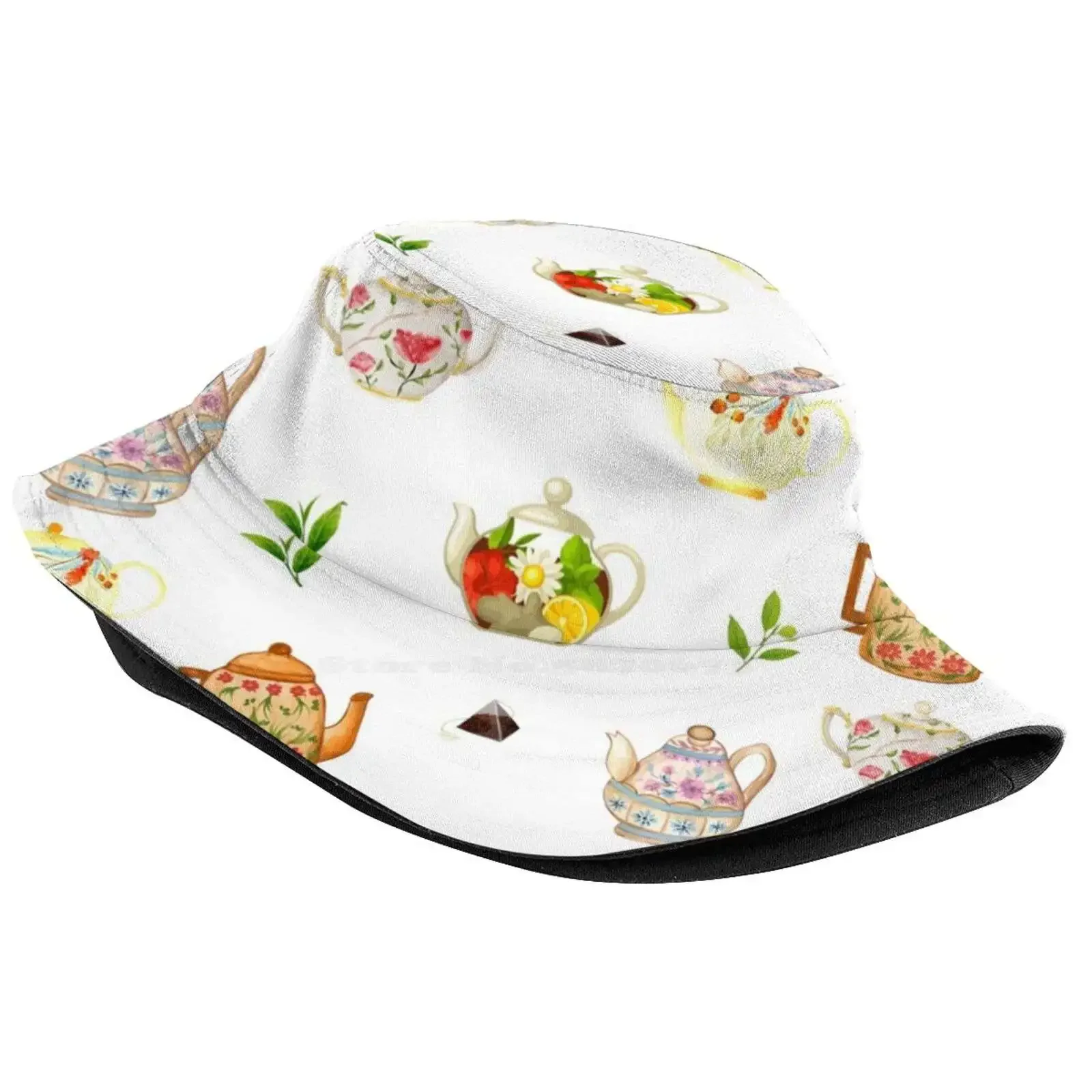 Flower Teapots And Green Tea Leaves Sun Cap Fisherman Hat Bucket Hats Vintage Teapot Floral Teapot Colorful Teapot Tea Pot