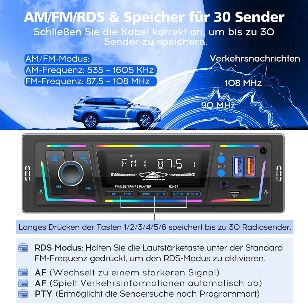 ABSQ-FM/AM Remote Control Car Radio Bluetooth RDS, Type C Charging Port, 2 USB, AUX, SD, MP3 Player, DSP/EQ