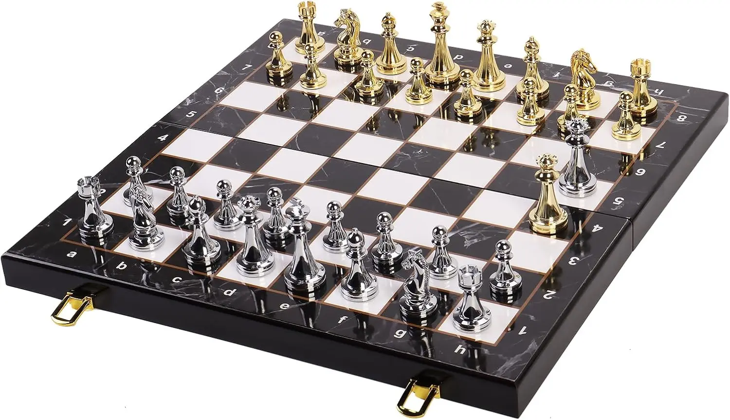 大型メタルチェスセット、収納付き、15インチ大理石模様の盤、亜鉛合金製駒32個、追加の女王2個、折りたたみ式携帯用トラベルゲーム