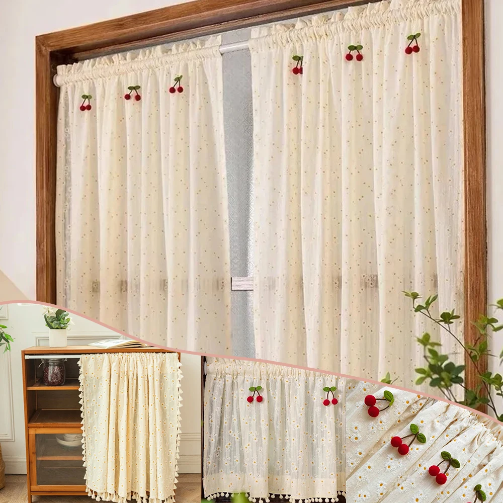 

1PC Curtains Bedroom Kitchen Floral Daisy Hairball Tassel Lace Small Curtains Curtains for Living Room Cortinas Para Ventanas