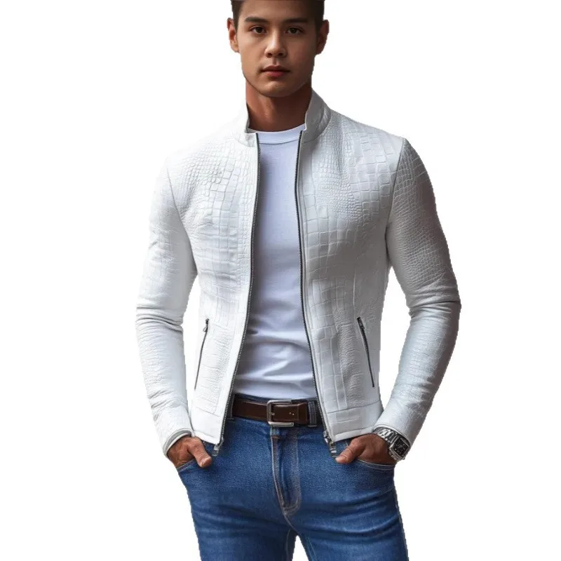 Women's Punk Stand Collar Slim Fit Long Sleeve Wrinkle Resistant White Leather Crocodile Embossed Full Zip Front Jacket with