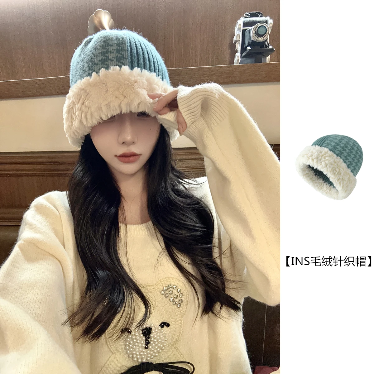 

Houndstooth Woolen Cap Women's Shopping Autumn and Winter Plush Warm Ear Protection Korean Wool Blend Knitted Fisherman Hat