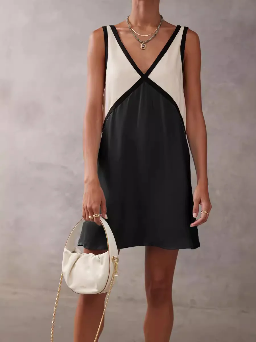 فستان أنيق للحفلات المسائية من الساتان المرقعة فستان نسائي مثير بفتحة رقبة على شكل V عميقة فساتين صيفية صغيرة غير رسمية للنساء 2025 فستان بوهو