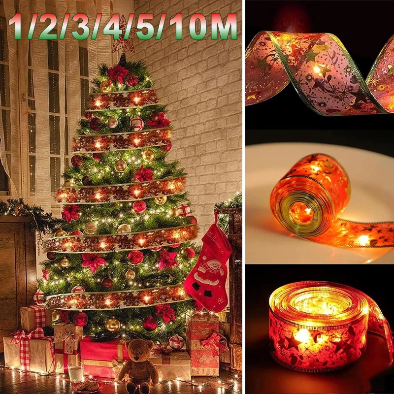

LED Ribbon Christmas Fairy Lights String DIY Bows Decor for Home Tree 2025 Xmas Navidad Ornaments New Year Party Gift Lighting