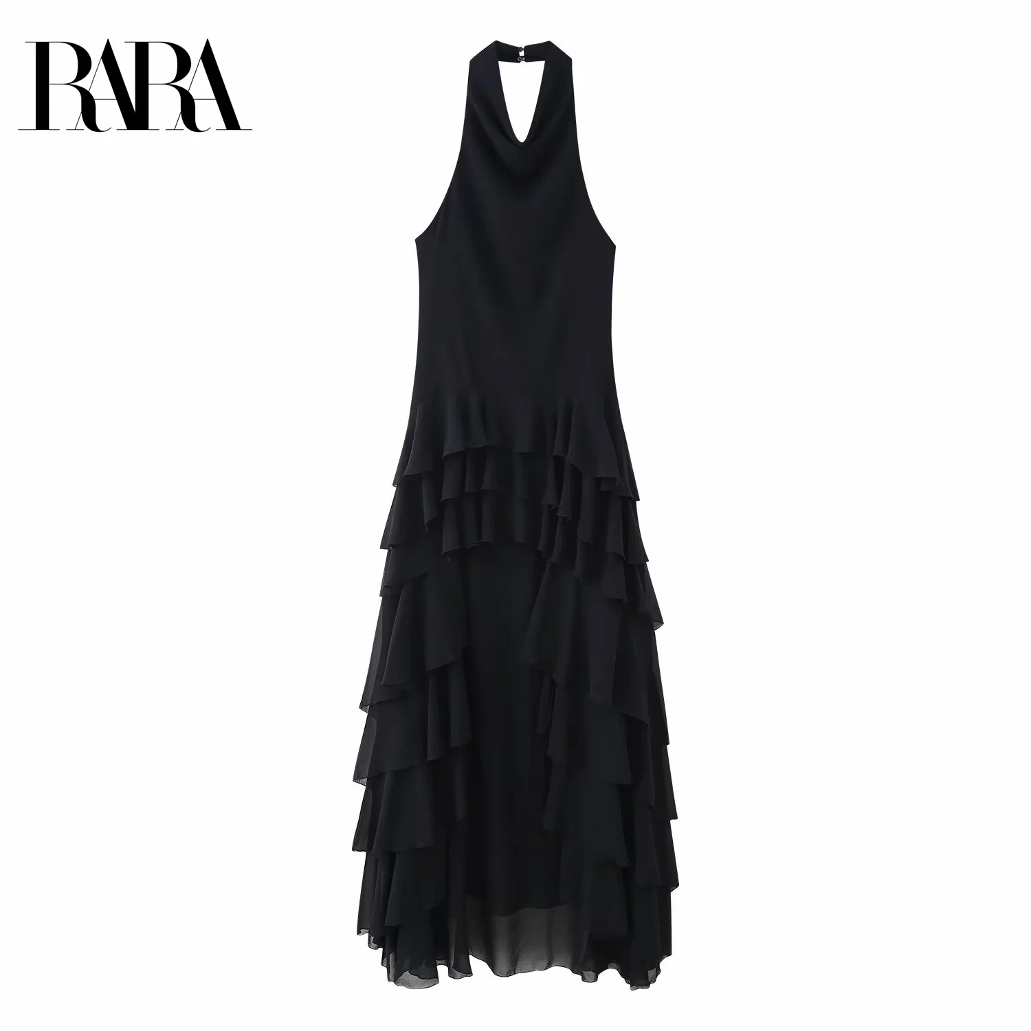 

RARA2025 new summer women's casual fashion simple layered decoration slim halter neck sleeveless long dress