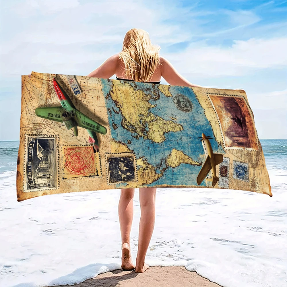 Vintage World Map Beach Towel Retro Airplane Travel Stamp Print Microfiber Oversized Beach Blanket for Summer Pool Camping Gift