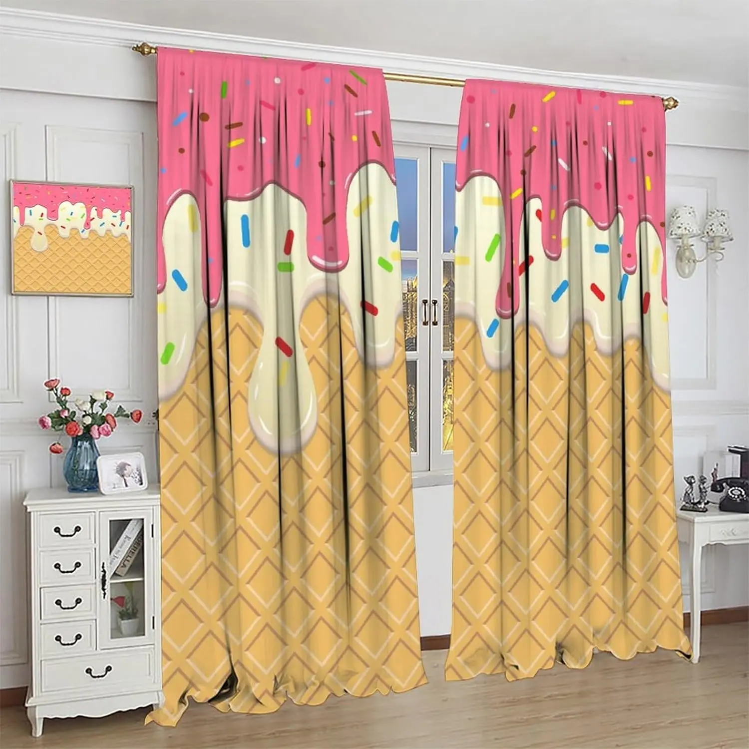 Ice Cream Curtains,Pink Cartoon Ice Cream Candy Dessert Home Decor Drape for Bedroom Living Room Kitchen Window Treatment