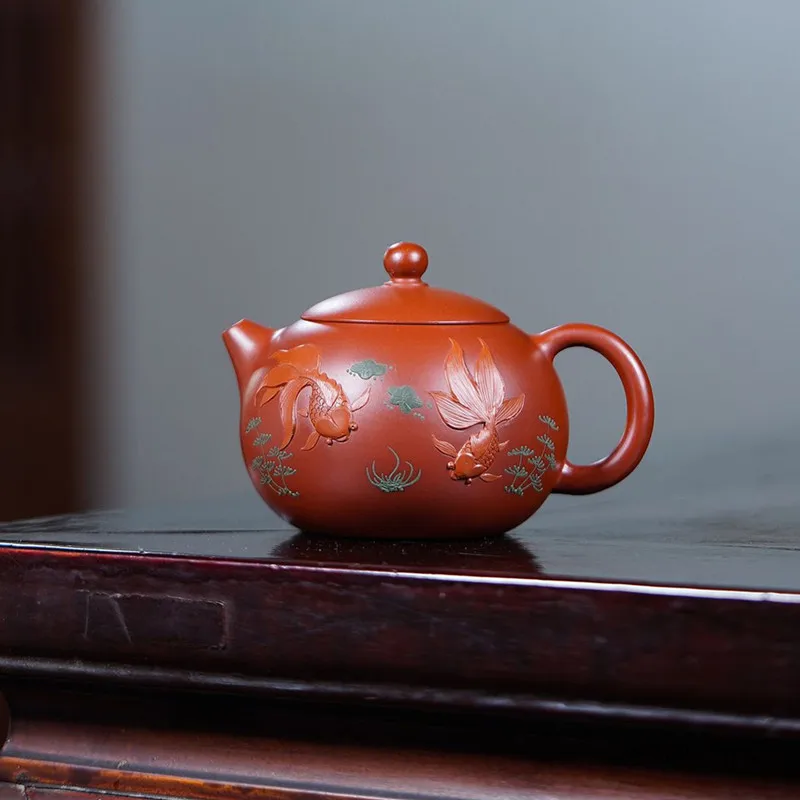 

250ml Tradition Yixing Purple Clay Teapot Handmade Fish Xishi Tea Pot Raw Ore Dahongpao Kettle Chinese Household Zisha Tea Set