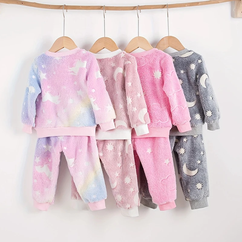 Girl Baby Autumn/Winter Plush Night Fluorescent Home Baby Warm Pajama Set Fashionable and Comfortable Child Accessories