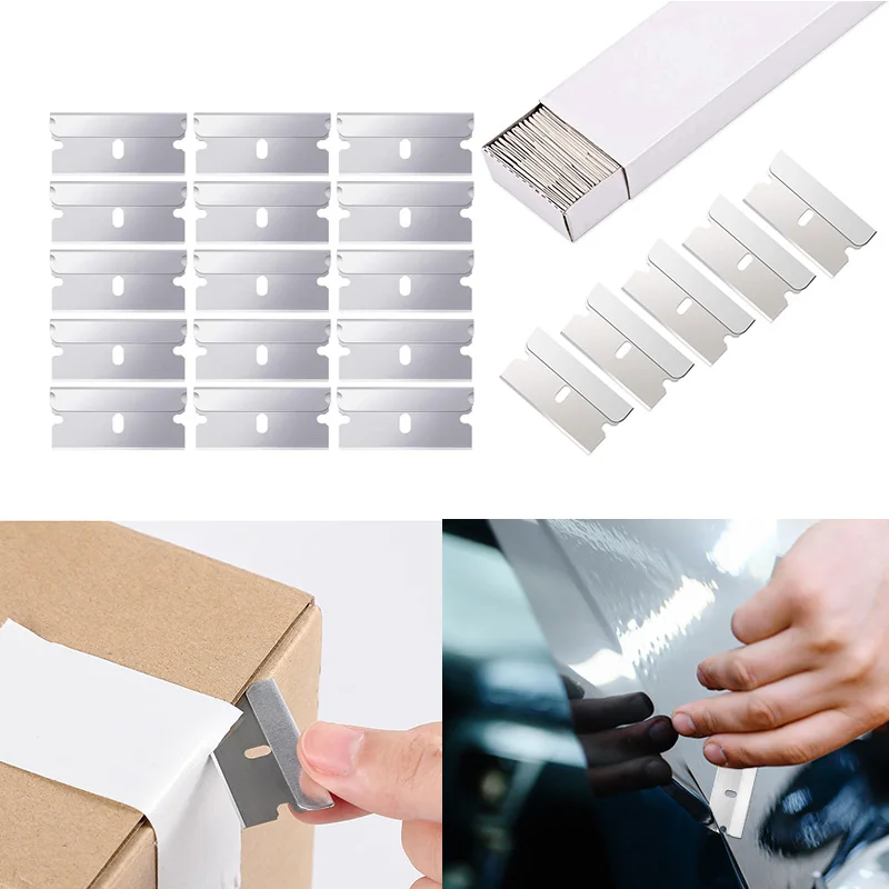 100pcs Stainless Steel Razor Blades Car Vinyl Wrap Sticker Remover Razor Scraper Window Glue Cleaner Squeegee Paint Scraper