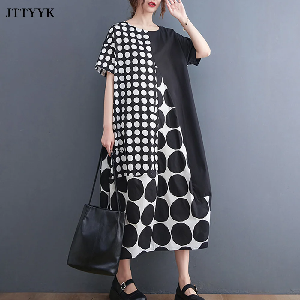 Übergroßen Neue Polka Dot Print Kleid Sommer Frau Casual Plus größe Lose Korea Damen Frauen Kleider Lange Vintage Kleid 2023