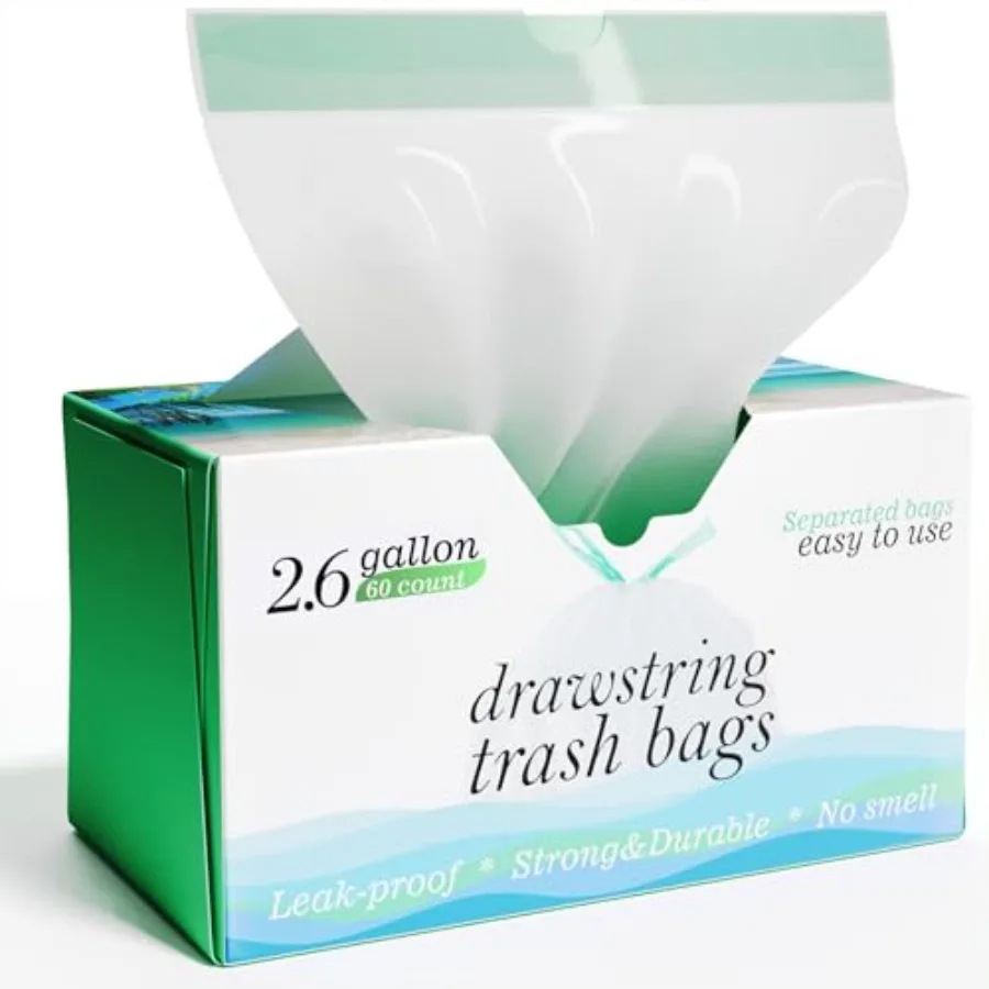 

2.6 Gallon Drawstring Trash Bags - 0.43 Mil Strong - Small Garbage Bags - for Office Bathroom Kitchen - Individual, Unscented,