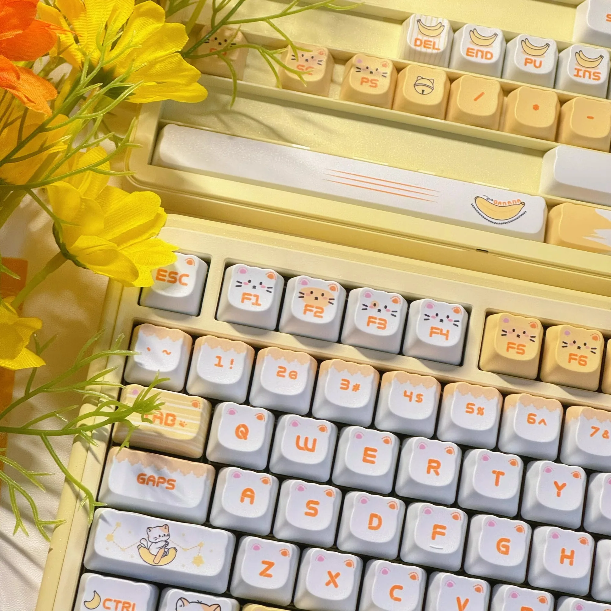 Teclado mecânico PBT, Banana Cat, Cat Ear Keycaps, altura PDA original, feminino e bonito