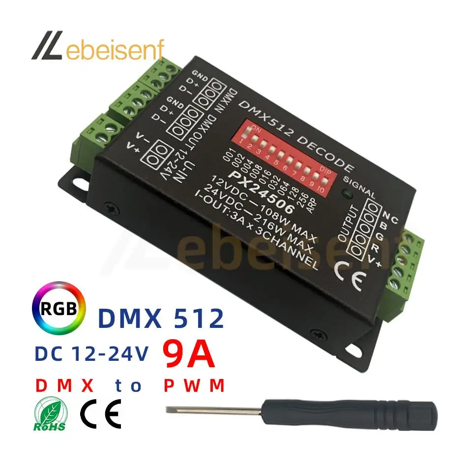 DMX 512 Decoder LED DMX512 Controller Dimmer PX24506 DC 12V 24V 9A for DMX512/1990 Signal to PWM RGB LED Strip Light Module Lamp