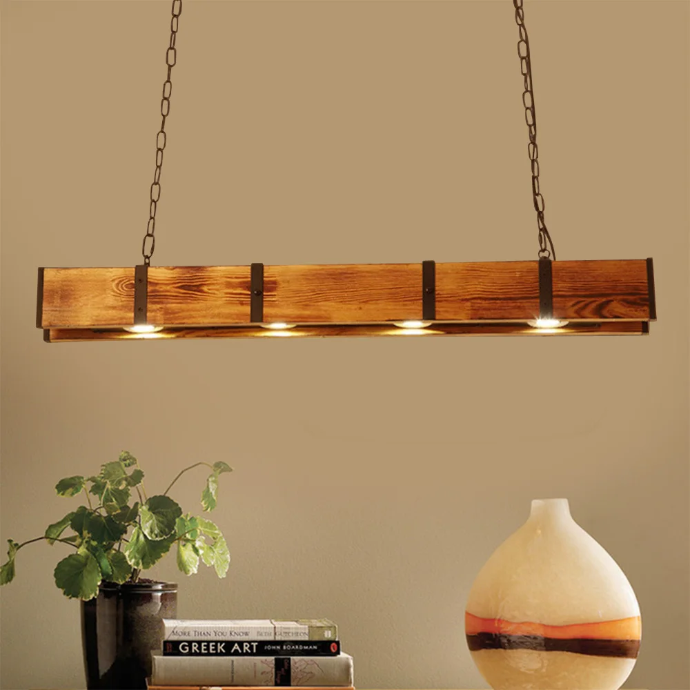 Industrial 4-Light LED Linear Rust Wood & Metal Ceiling light 12W Restaurant Warm Yellow Pendant Light