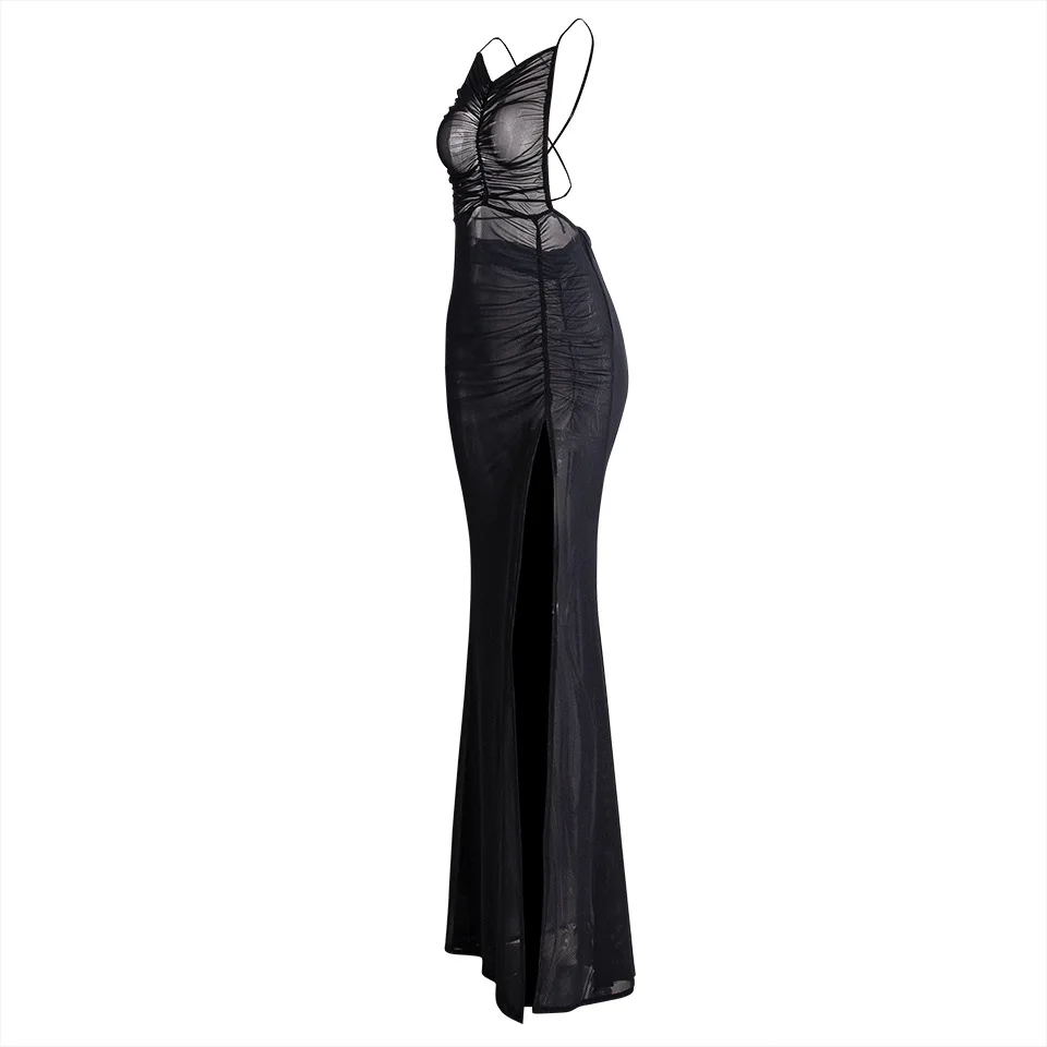 Vestido largo Sexy para Mujer, traje negro con tirantes De malla transparente para verano, 2022